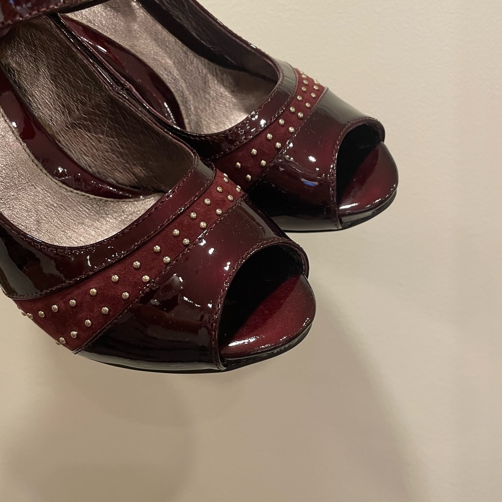 Sofft Burgundy Patent Mary Jane Peep-Toe Heels with Stud Accents - Picture 4 of 7